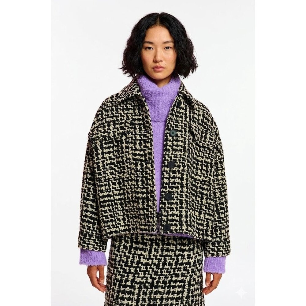 NWT Essentiel Antwerp Energised Oversized Bouclé Tweed Jacket in Black White S